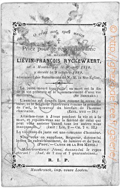 Livin Franois Ryckewaert, dcd  Houtkerque, le 9 Octobre 1889.